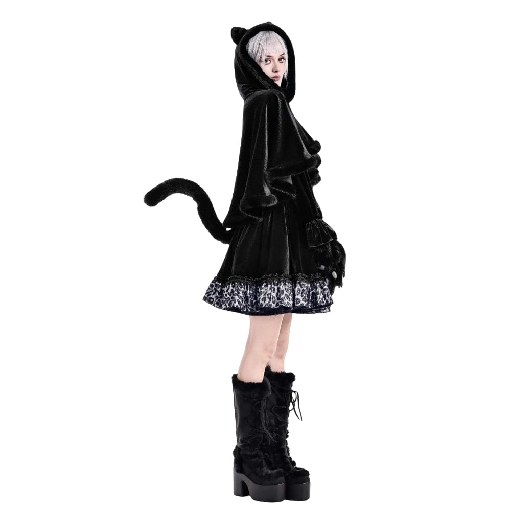 Darkinlove Women's Gothic Faux Fur Trim Cat Ears Hooded Velvet Cape