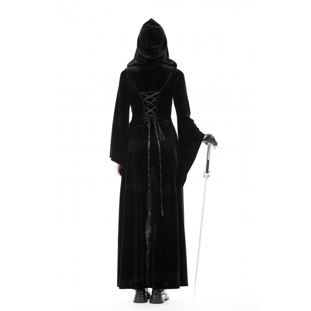 Darkinlove Women's Gothic Flared Sleeved Buckle Velvet Coat with Hood