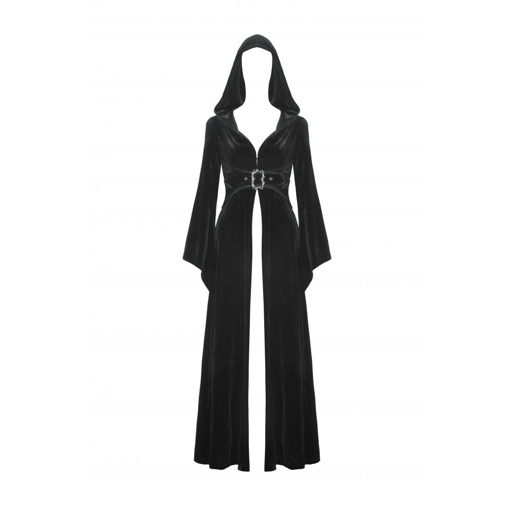 Darkinlove Women's Gothic Flared Sleeved Buckle Velvet Coat with Hood