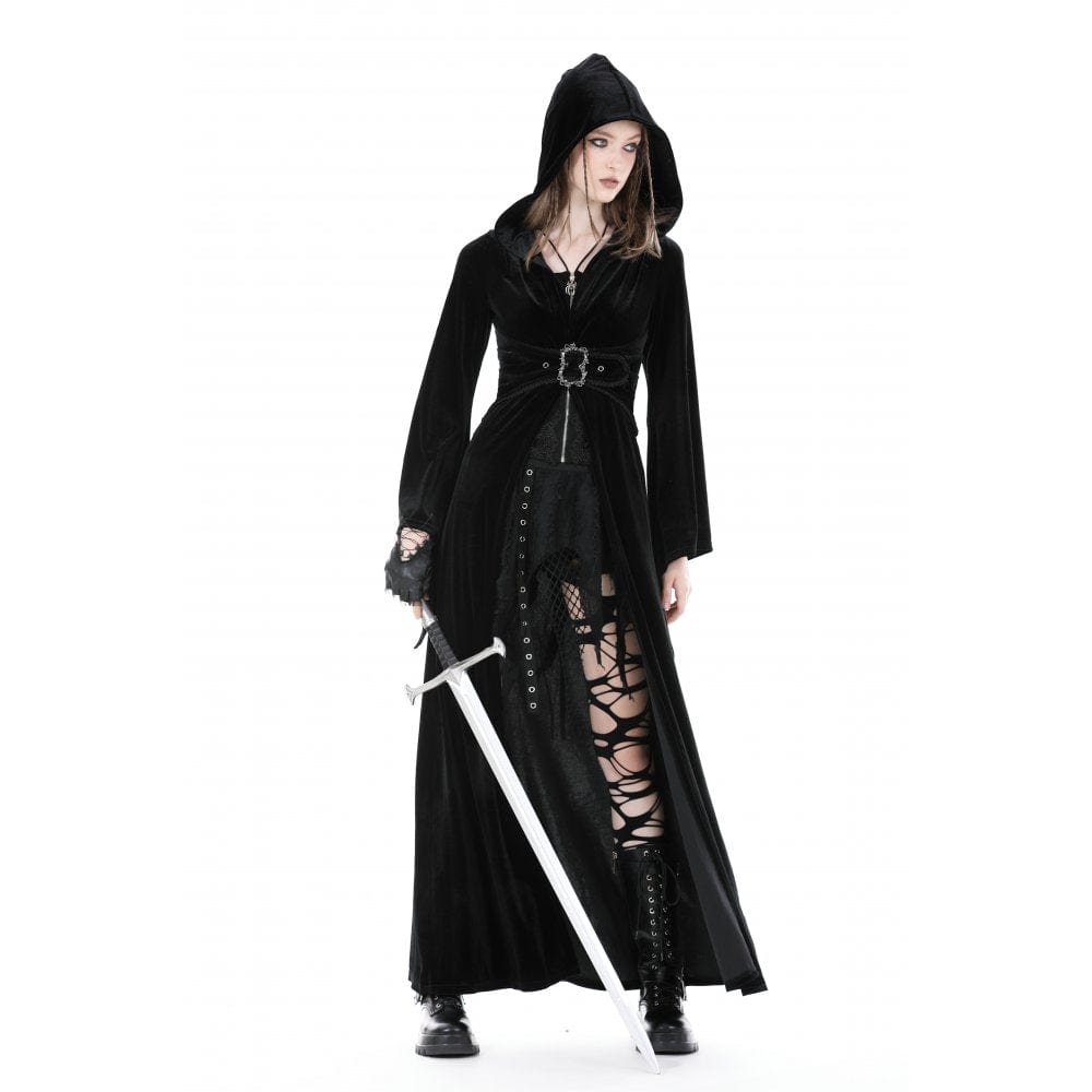 Darkinlove Women's Gothic Flared Sleeved Buckle Velvet Coat with Hood