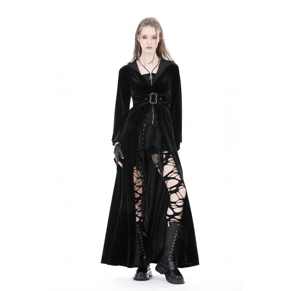 Darkinlove Women's Gothic Flared Sleeved Buckle Velvet Coat with Hood