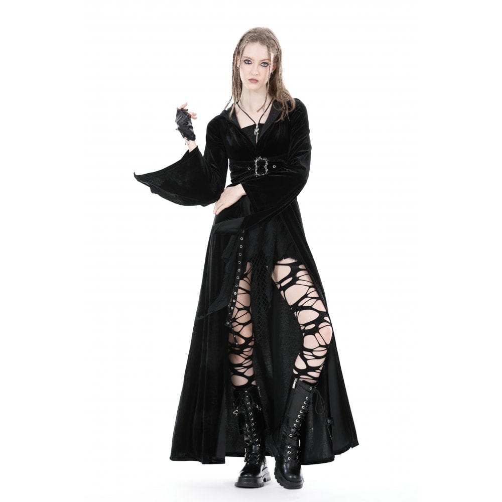 Darkinlove Women's Gothic Flared Sleeved Buckle Velvet Coat with Hood
