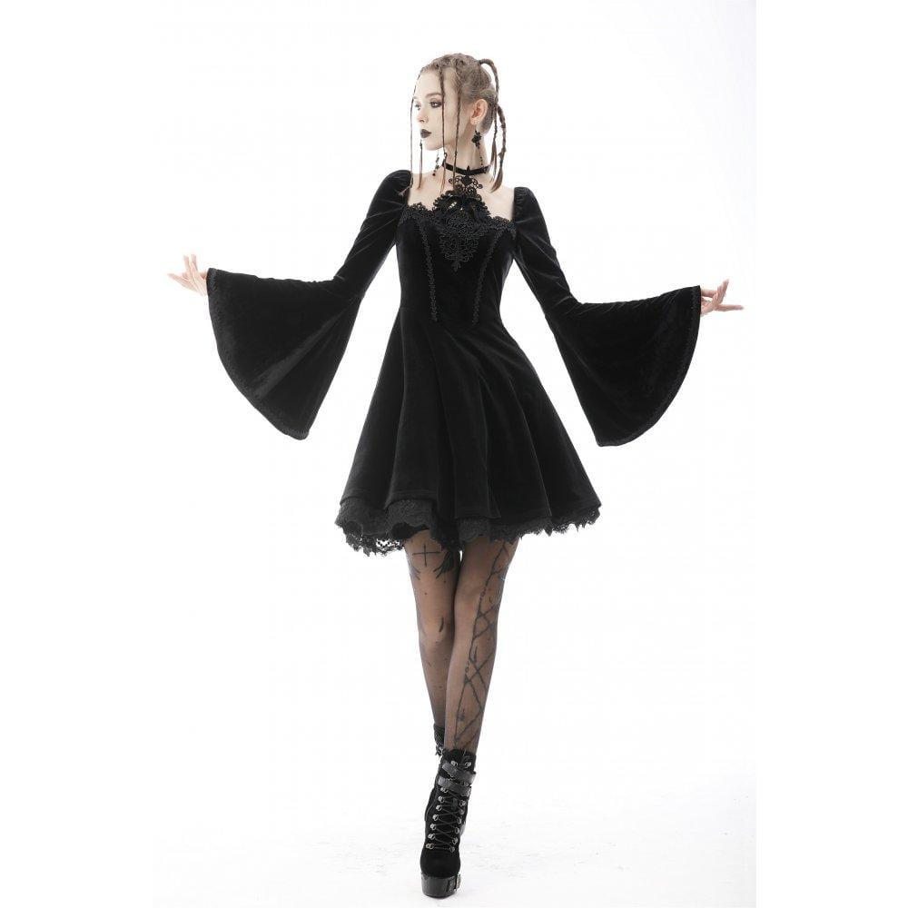 Darkinlove Women's Gothic Flared Sleeved Floral Embroidered Wedding Dress Black
