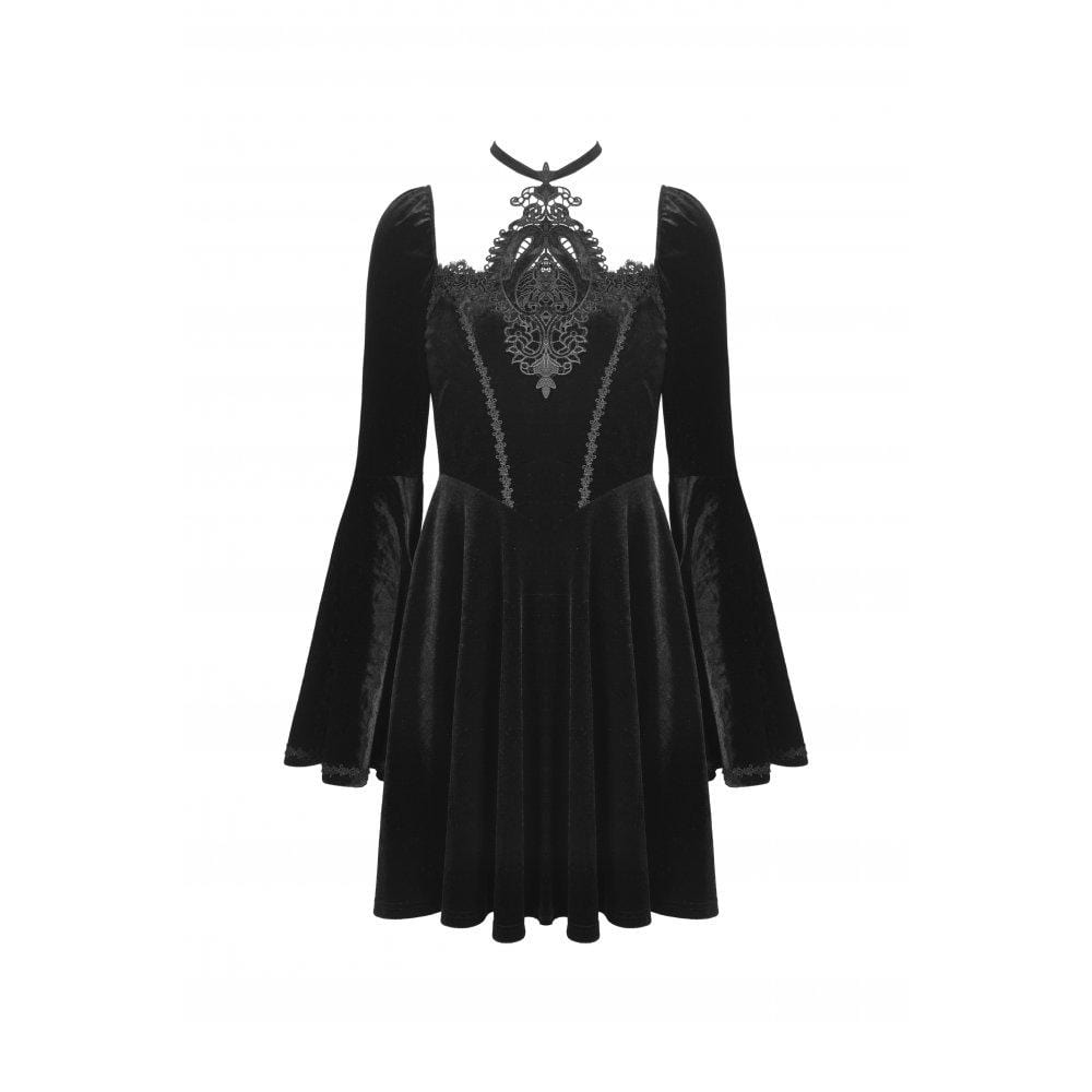 Darkinlove Women's Gothic Flared Sleeved Floral Embroidered Wedding Dress Black