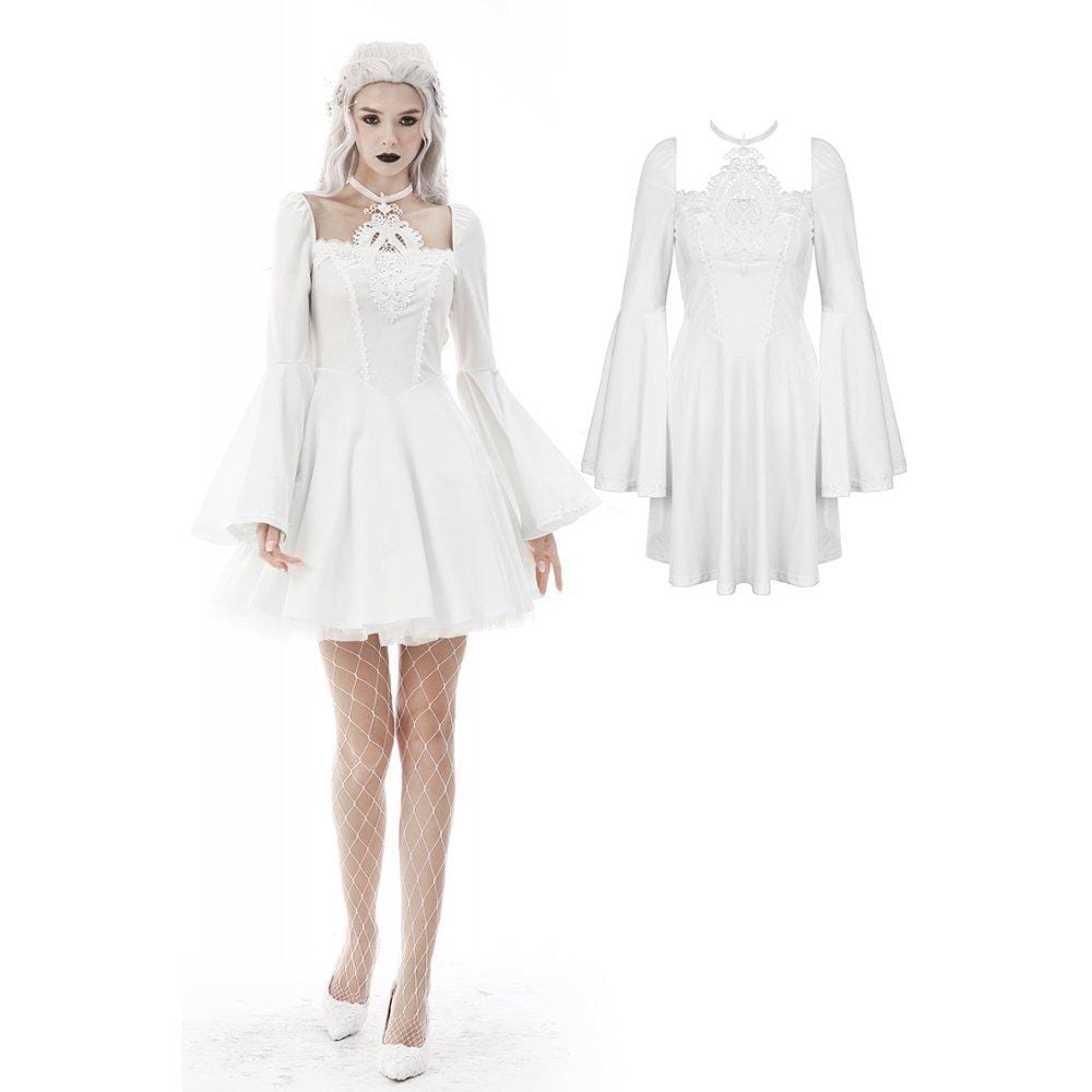 Darkinlove Women's Gothic Flared Sleeved Floral Embroidered Wedding Dress White