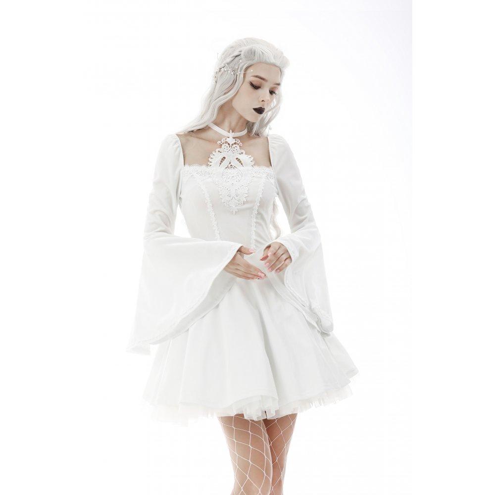 Darkinlove Women's Gothic Flared Sleeved Floral Embroidered Wedding Dress White