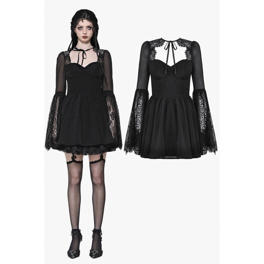 Darkinlove Women's Gothic Flared Sleeved Lace Splice Evening Dress