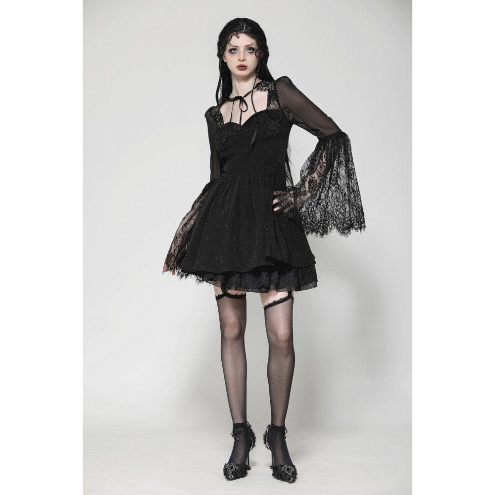 Darkinlove Women's Gothic Flared Sleeved Lace Splice Evening Dress