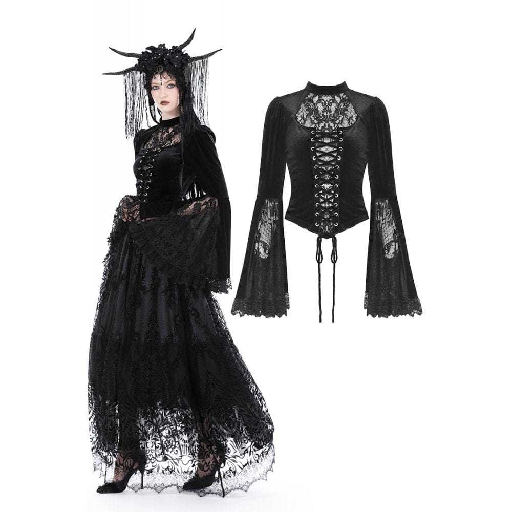 Darkinlove Women's Gothic Flared Sleeved Lace Splice Velvet Shirt