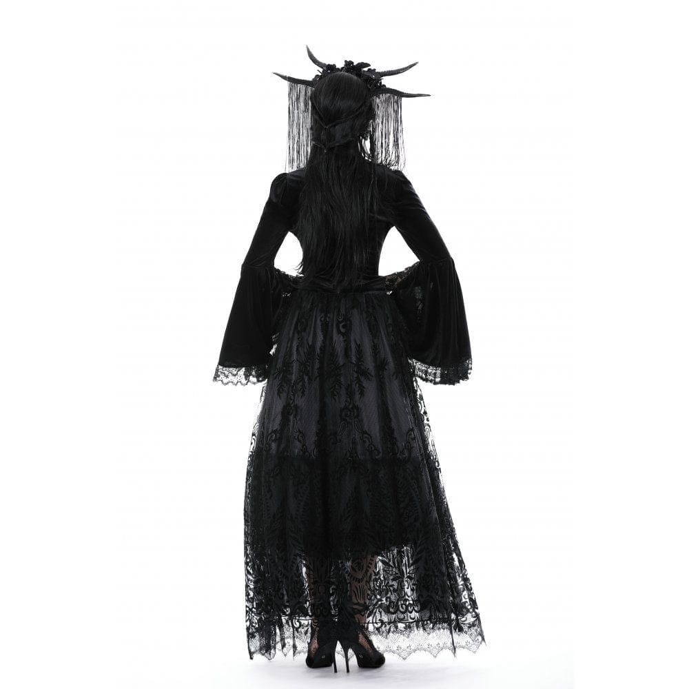 Darkinlove Damen Gothic-Hemd mit ausgestellten Ärmeln, Spitze und Spleiß-Samt