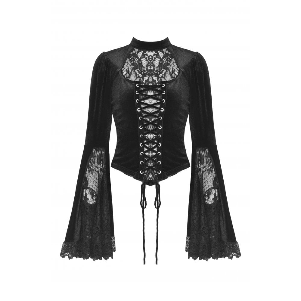 Darkinlove Damen Gothic-Hemd mit ausgestellten Ärmeln, Spitze und Spleiß-Samt