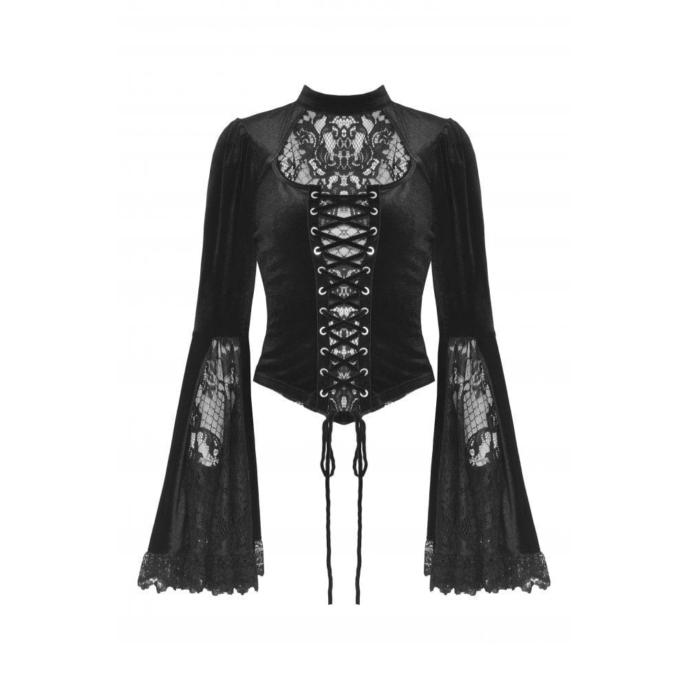 Darkinlove Women's Gothic Flared Sleeved Lace Splice Velvet Shirt