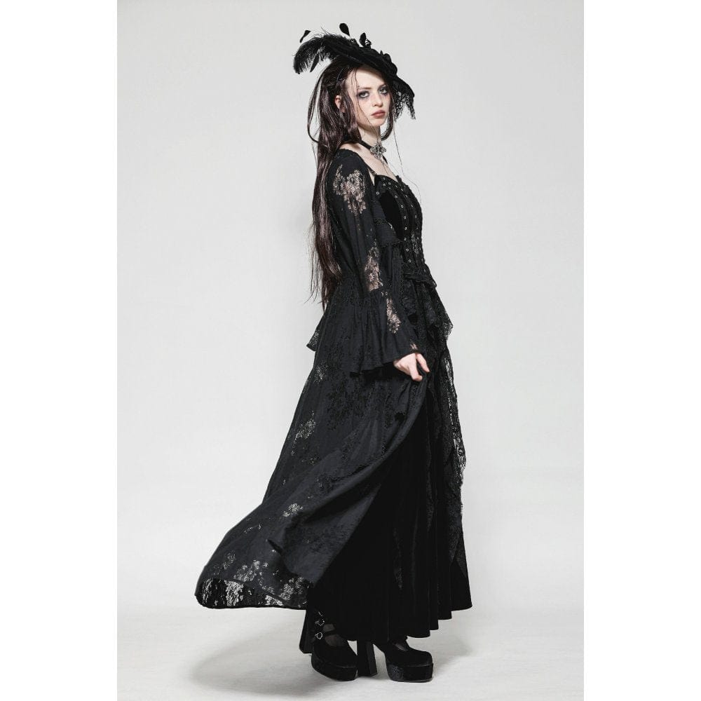 Darkinlove Women's Gothic Flared Sleeved Lace-up Lace Long Jacket