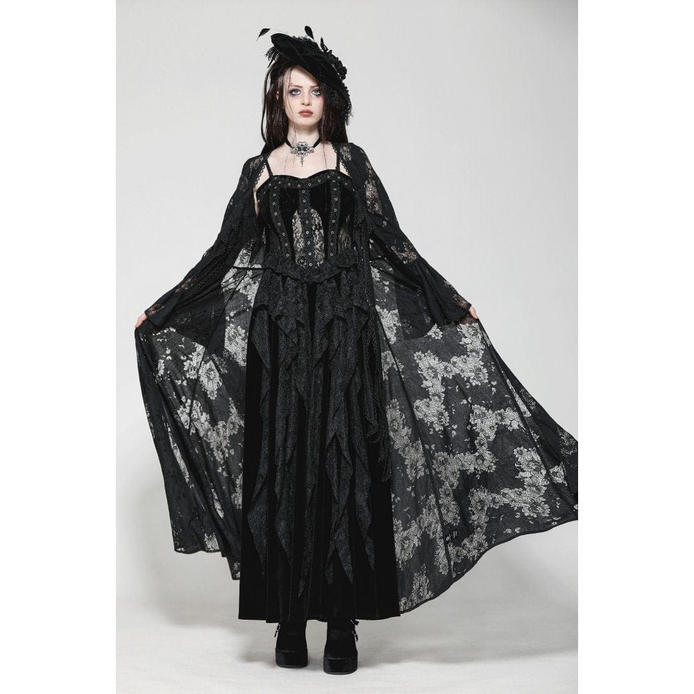 Darkinlove Women's Gothic Flared Sleeved Lace-up Lace Long Jacket