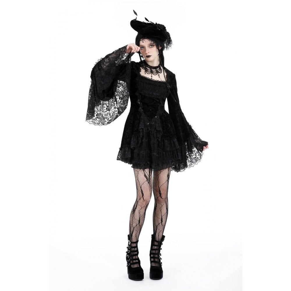 Darkinlove Women's Gothic Flared Sleeved Layered Velvet Dress