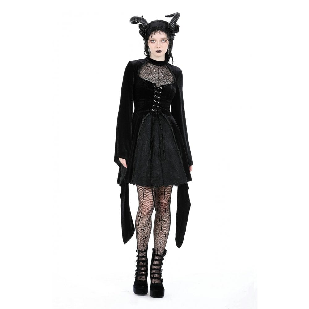Darkinlove Women's Gothic Flared Sleeved Spider Mesh Splice Velvet Dress