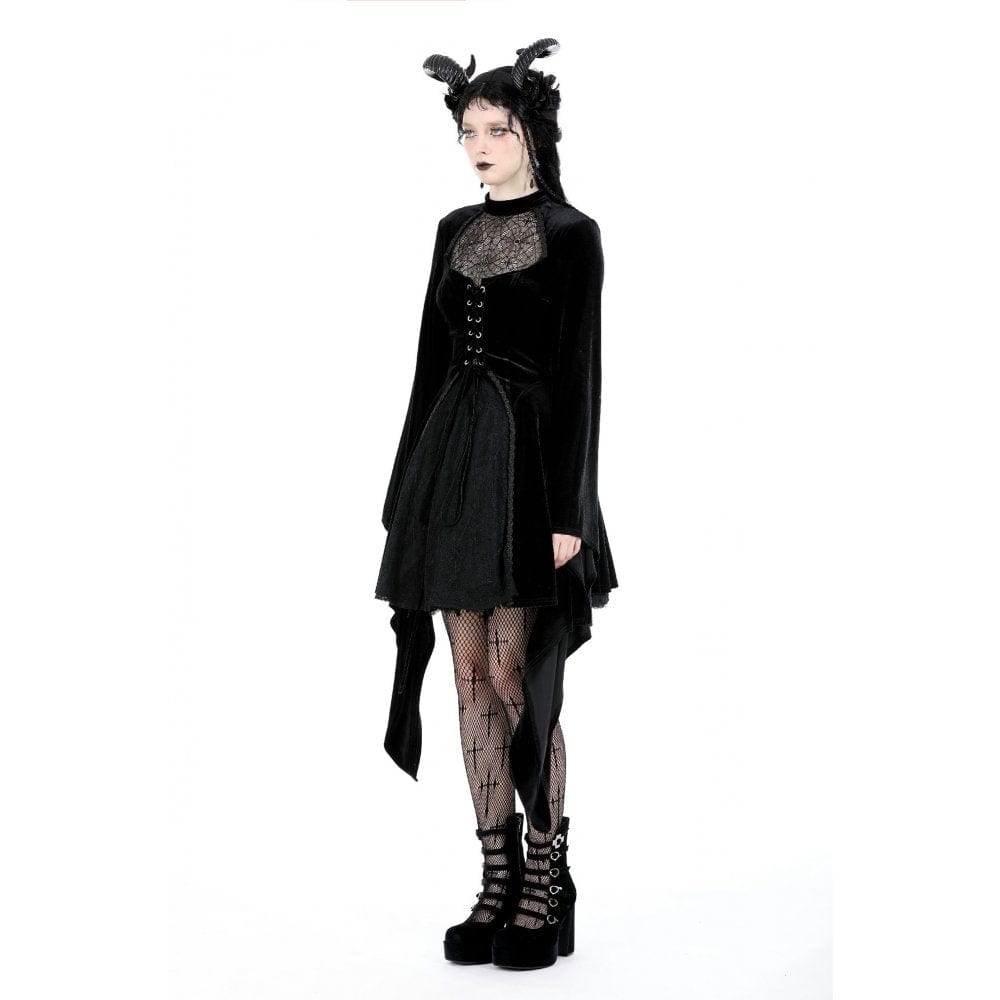 Darkinlove Women's Gothic Flared Sleeved Spider Mesh Splice Velvet Dress
