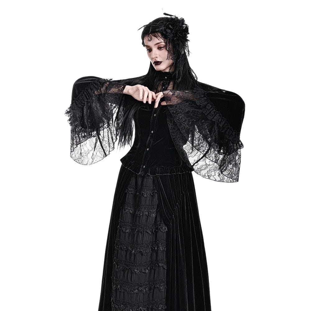 Darkinlove Women's Gothic Floral Applique Ruched Bell Sleeve Velvet Blouse