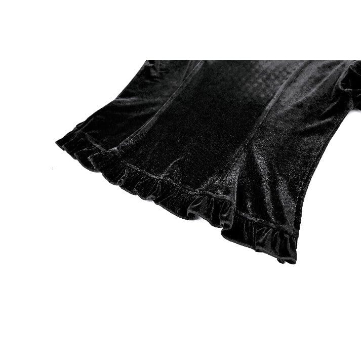 Darkinlove Women's Gothic Floral Applique Ruched Bell Sleeve Velvet Blouse