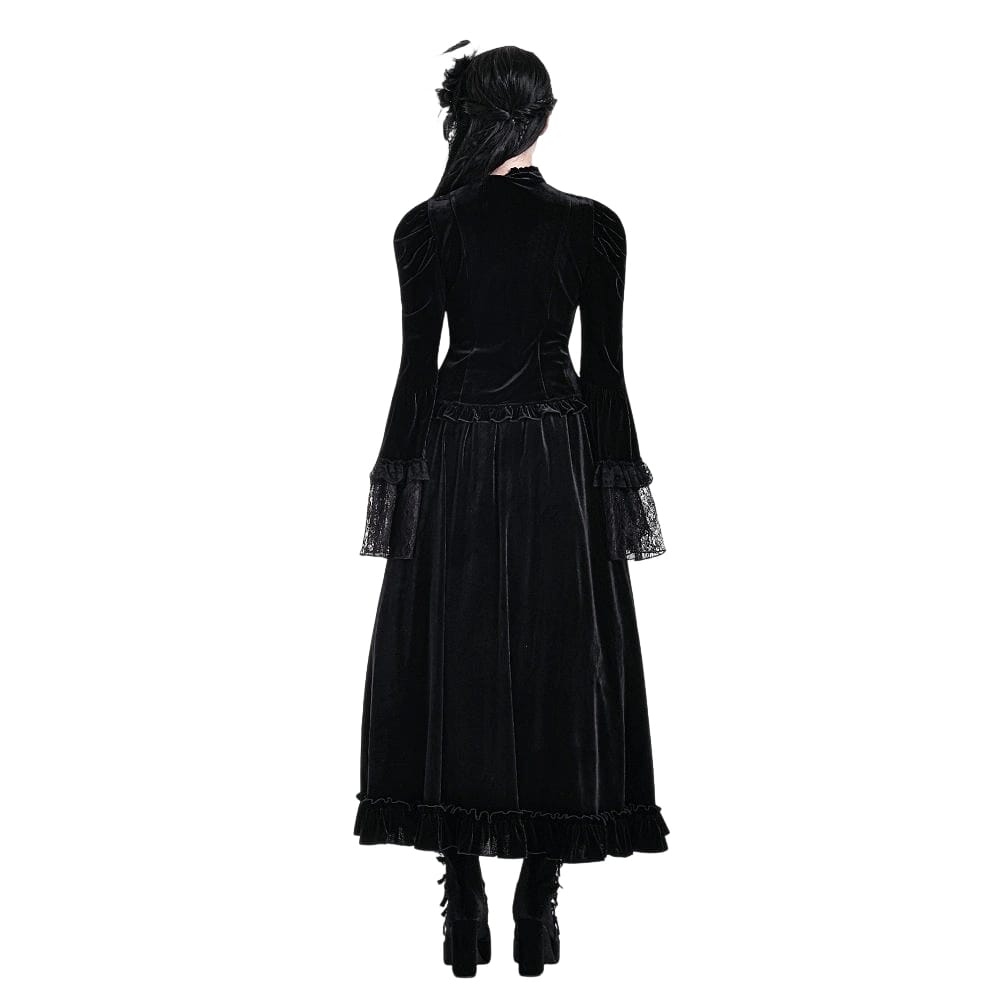 Darkinlove Women's Gothic Floral Applique Ruched Bell Sleeve Velvet Blouse