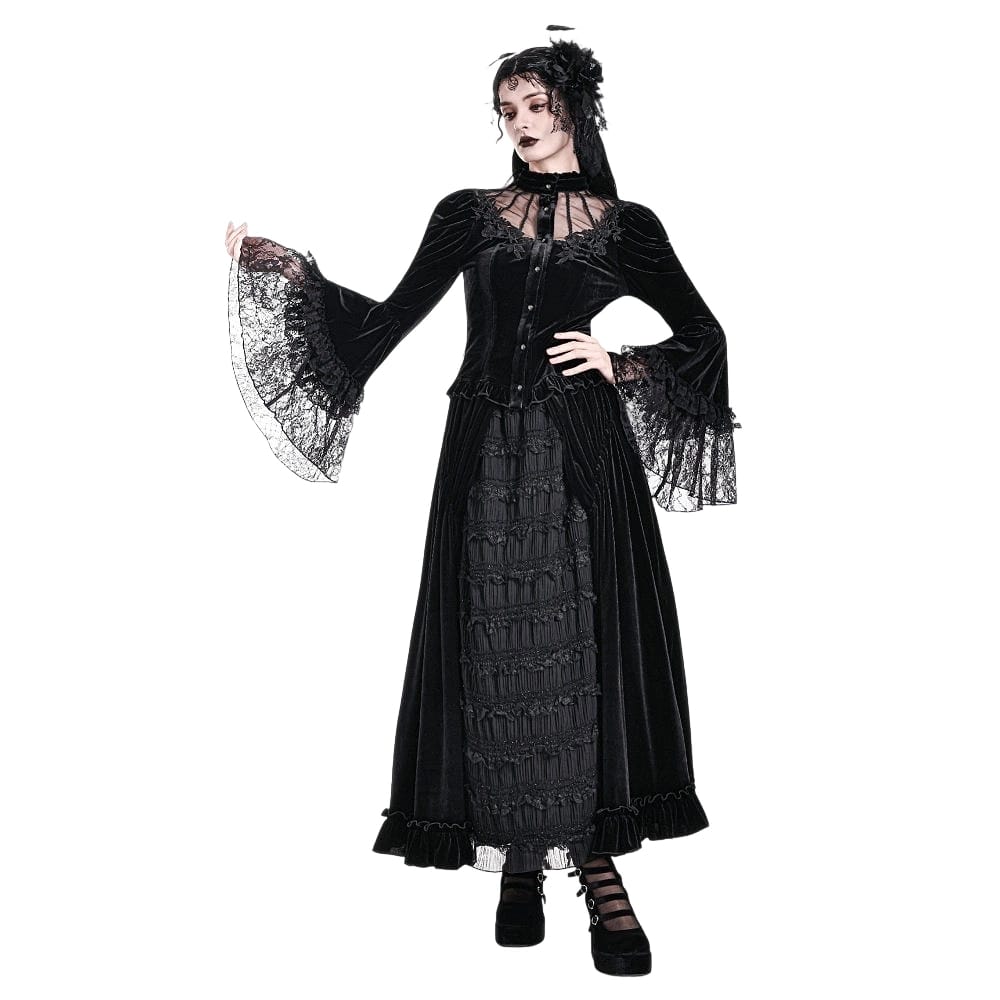 Darkinlove Women's Gothic Floral Applique Ruched Bell Sleeve Velvet Blouse