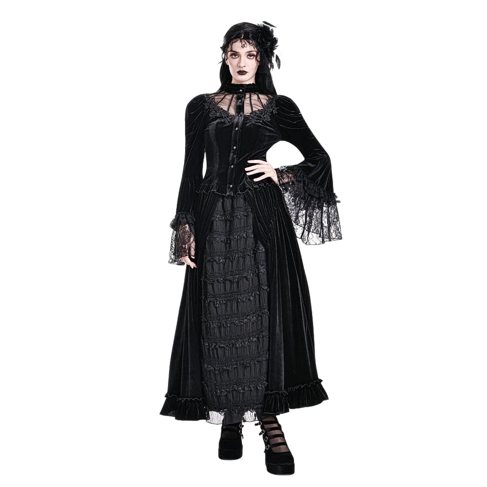 Darkinlove Women's Gothic Floral Applique Ruched Bell Sleeve Velvet Blouse