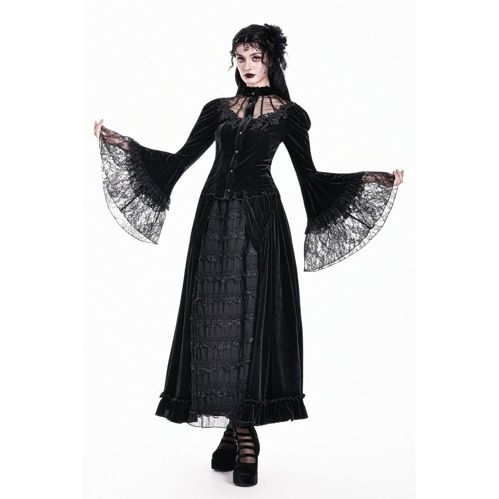 Darkinlove Women's Gothic Floral Applique Ruched Bell Sleeve Velvet Blouse