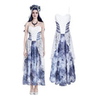 Darkinlove Women's Gothic Floral Blue Chiffon Hem Embossed Lace Midi Slip Dress