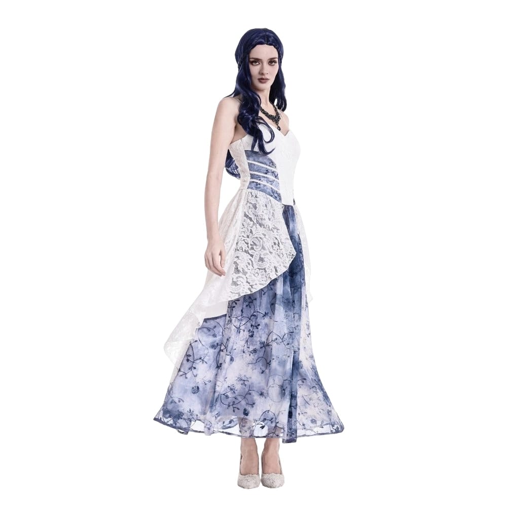 Darkinlove Women's Gothic Floral Blue Chiffon Hem Embossed Lace Midi Slip Dress