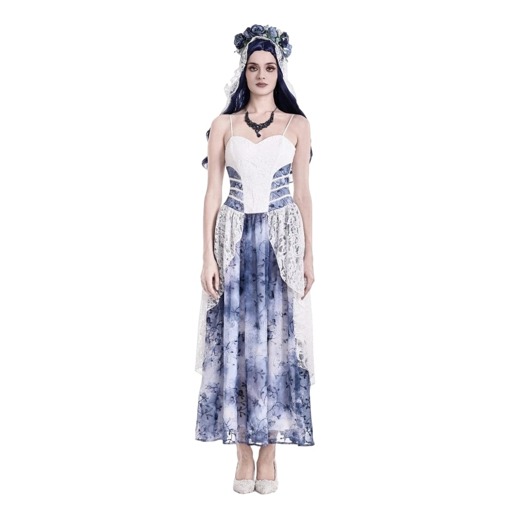 Darkinlove Women's Gothic Floral Blue Chiffon Hem Embossed Lace Midi Slip Dress