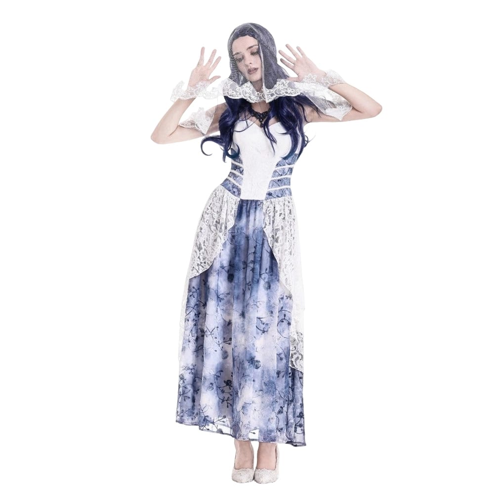 Darkinlove Women's Gothic Floral Blue Chiffon Hem Embossed Lace Midi Slip Dress