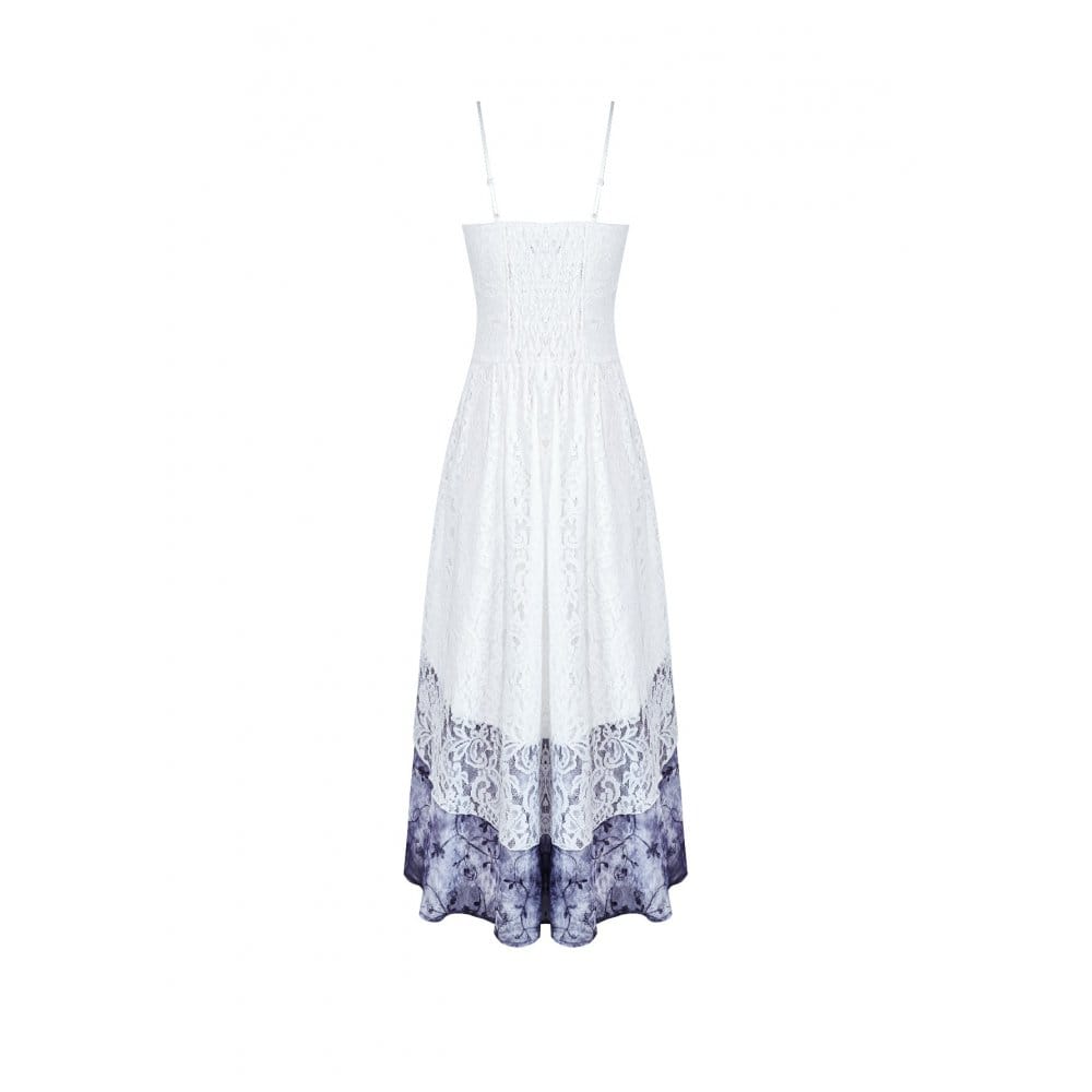 Darkinlove Women's Gothic Floral Blue Chiffon Hem Embossed Lace Midi Slip Dress