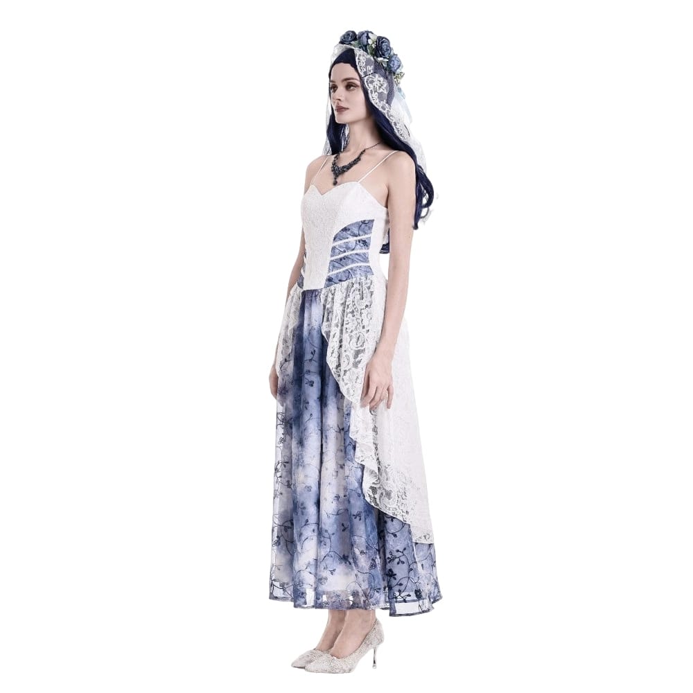 Darkinlove Women's Gothic Floral Blue Chiffon Hem Embossed Lace Midi Slip Dress