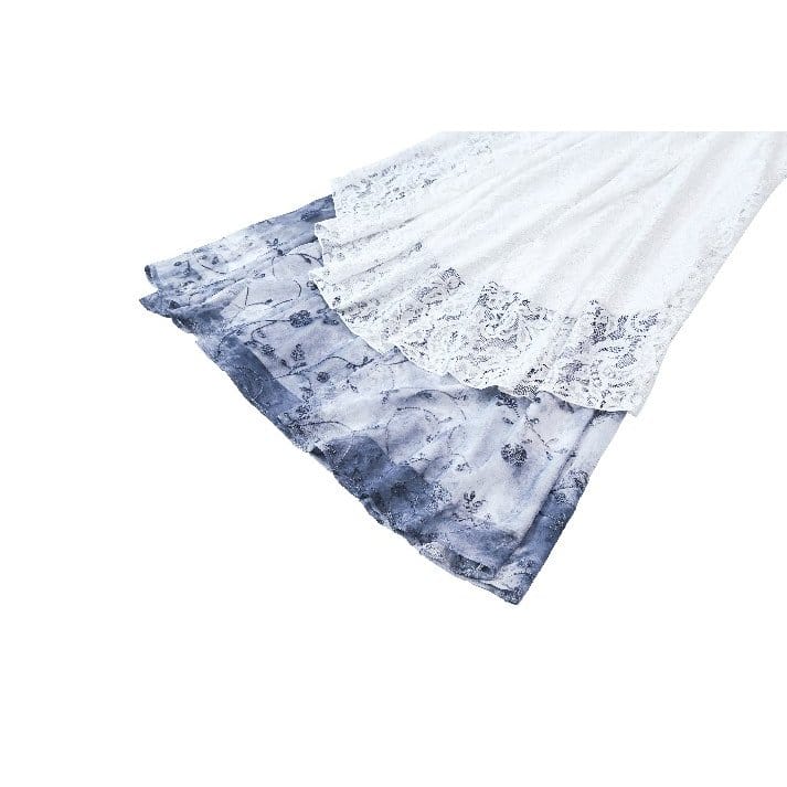 Darkinlove Women's Gothic Floral Blue Chiffon Hem Embossed Lace Midi Slip Dress