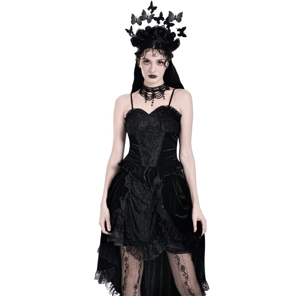 Darkinlove Women's Gothic Floral Butterfly Lace Splice Velvet Crop Top