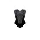 Darkinlove Women's Gothic Floral Butterfly Lace Splice Velvet Crop Top
