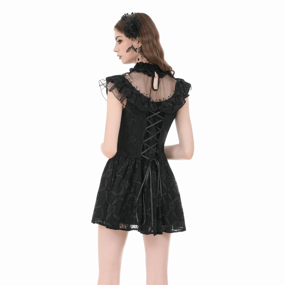 Darkinlove Women's Gothic Floral Cross Sheer Mesh Splice Short Dress