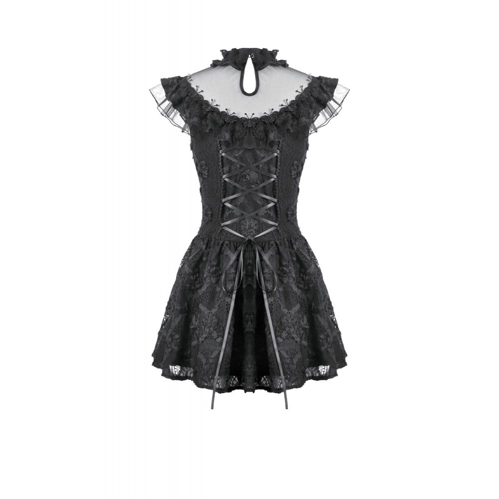 Darkinlove Women's Gothic Floral Cross Sheer Mesh Splice Short Dress