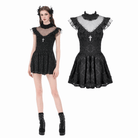 Darkinlove Women's Gothic Floral Cross Sheer Mesh Splice Short Dress