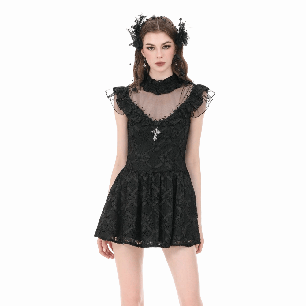 Darkinlove Women's Gothic Floral Cross Sheer Mesh Splice Short Dress