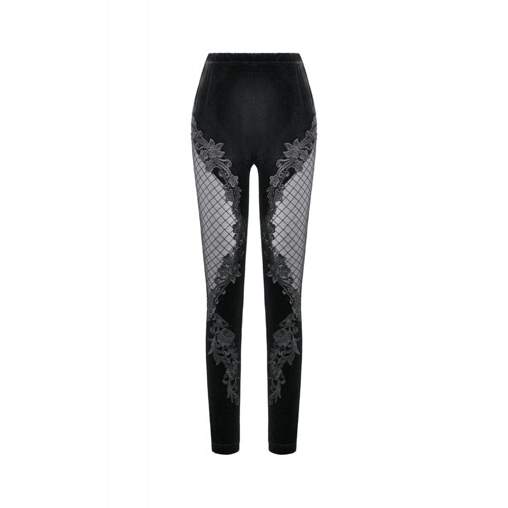 Darkinlove Women's Gothic Floral Decal Mesh Patchwork Velvet Leggings