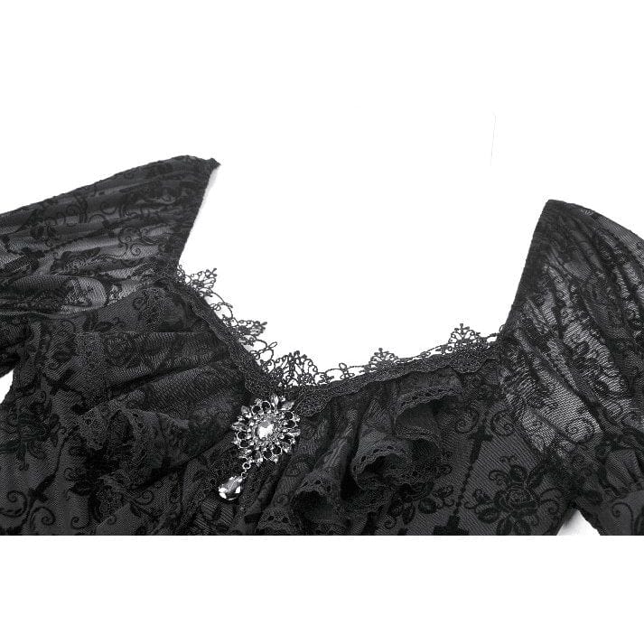 Darkinlove Women's Gothic Floral Embroidered Diamante Flared Sleeved Maxi Dress