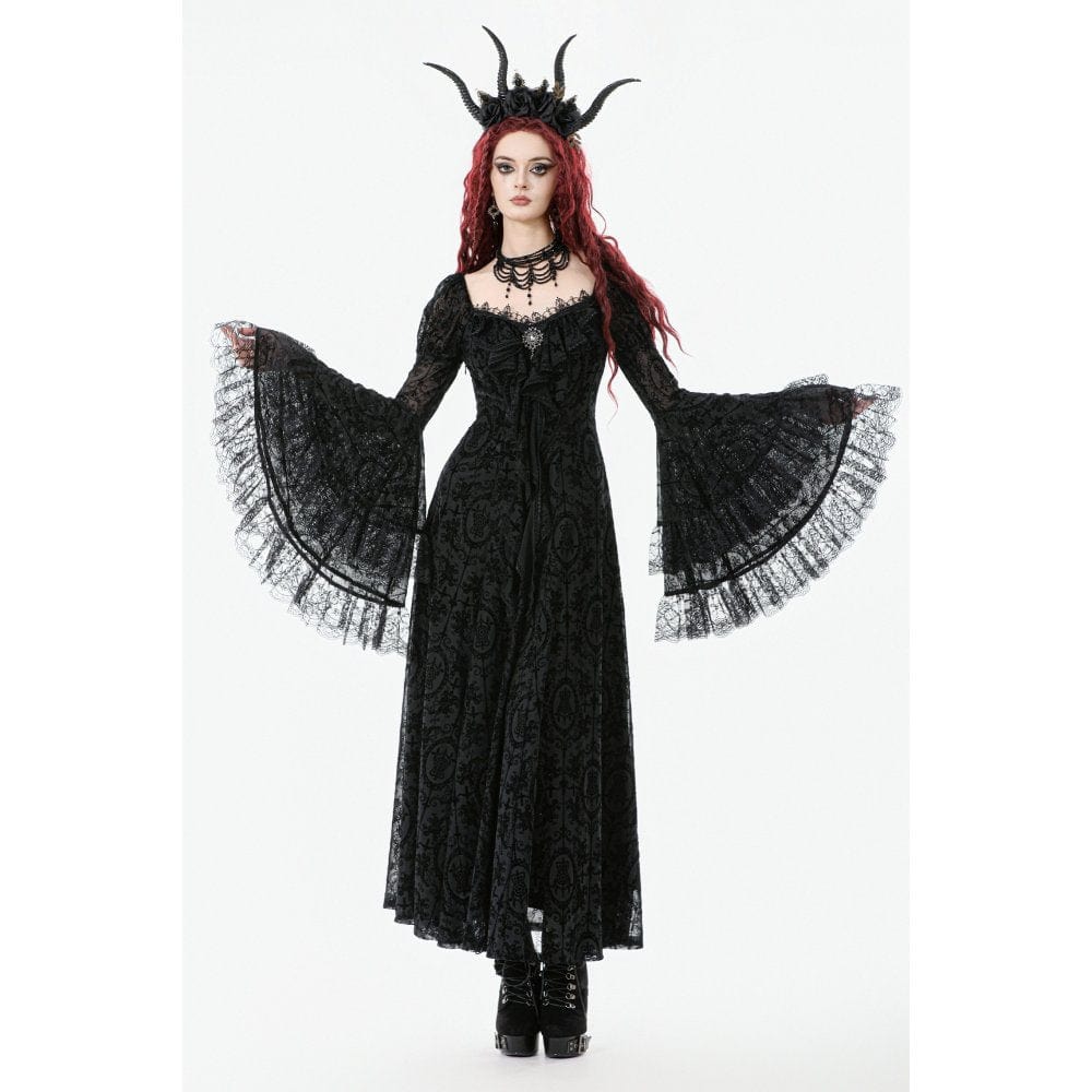 Darkinlove Women's Gothic Floral Embroidered Diamante Flared Sleeved Maxi Dress