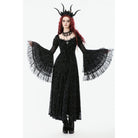 Darkinlove Women's Gothic Floral Embroidered Diamante Flared Sleeved Maxi Dress