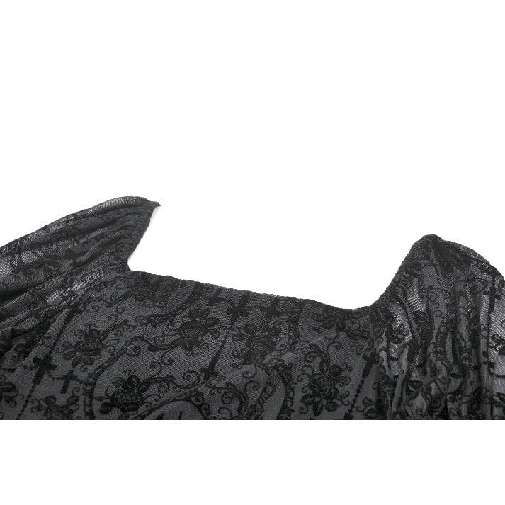 Darkinlove Women's Gothic Floral Embroidered Diamante Flared Sleeved Maxi Dress