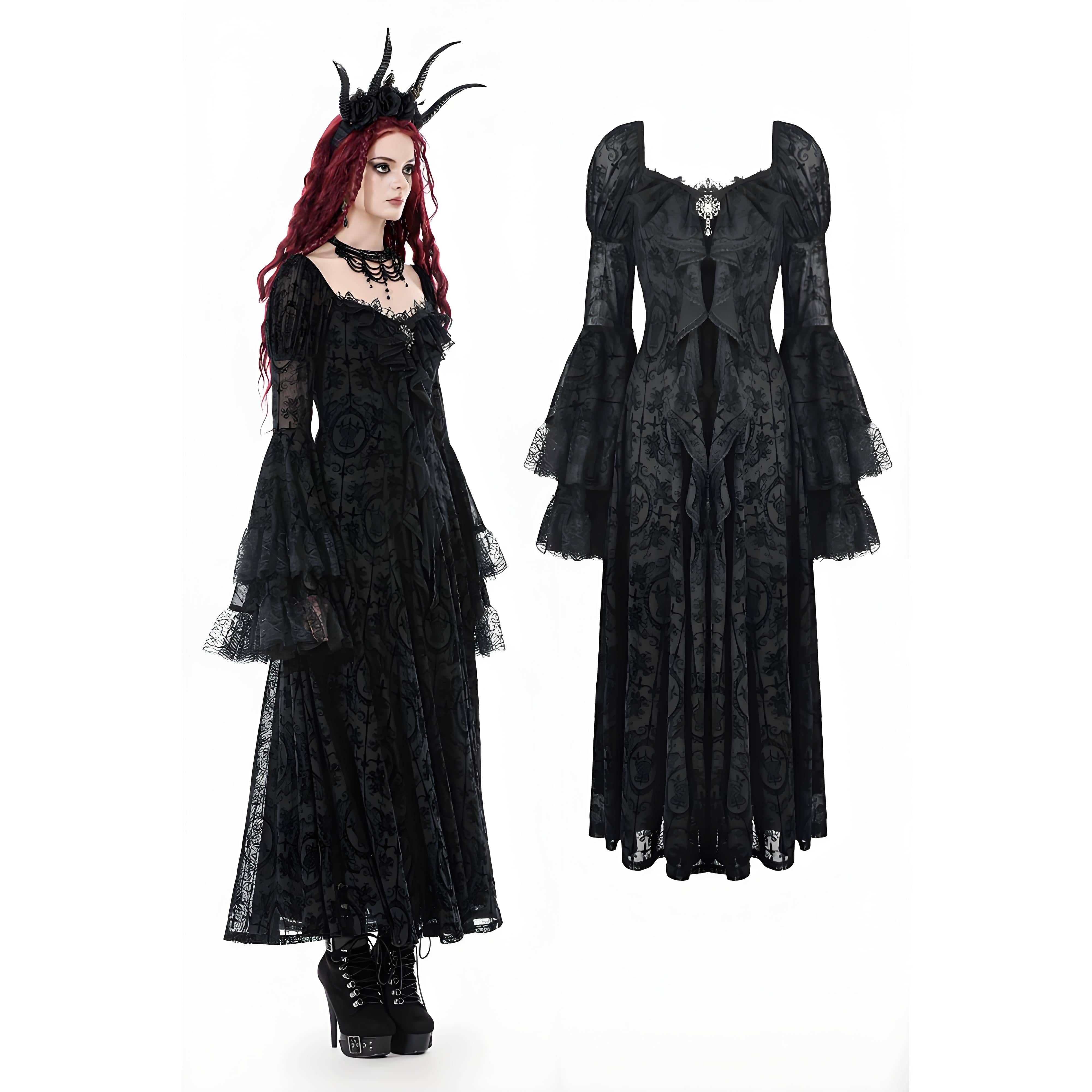 Darkinlove Women's Gothic Floral Embroidered Diamante Flared Sleeved Maxi Dress