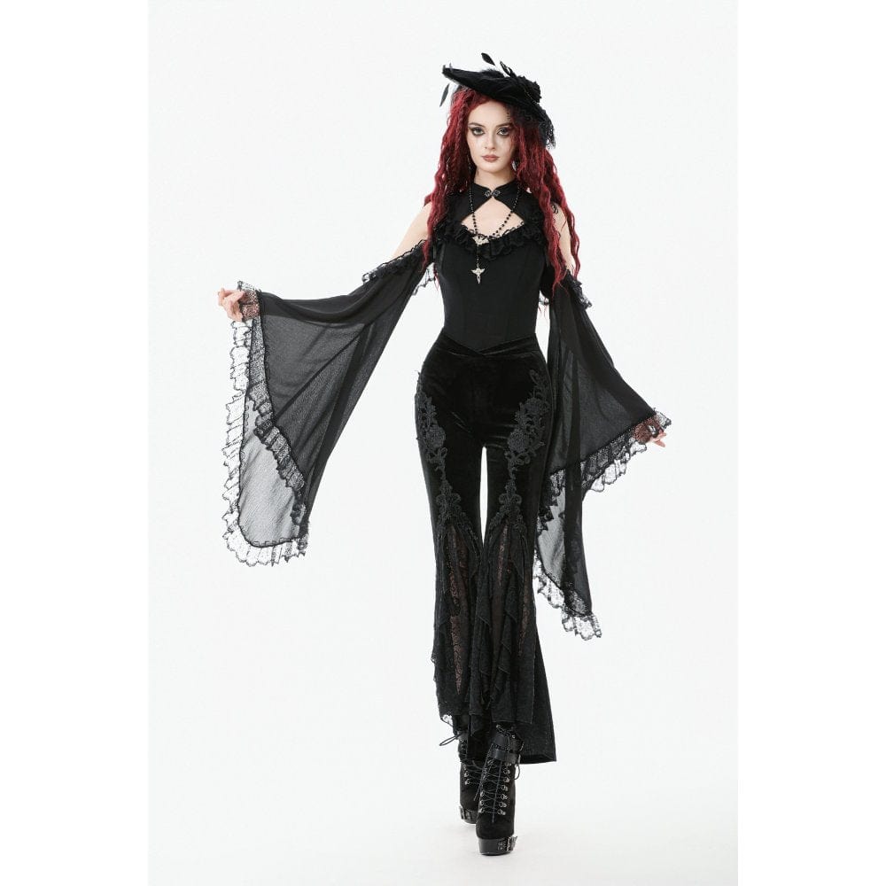 Darkinlove Women's Gothic Floral Embroidered Flared Pants