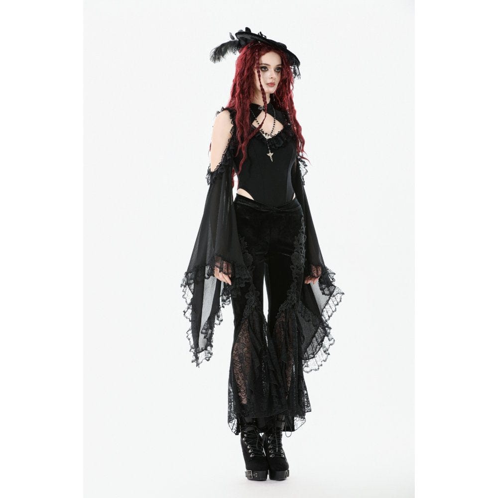 Darkinlove Women's Gothic Floral Embroidered Flared Pants