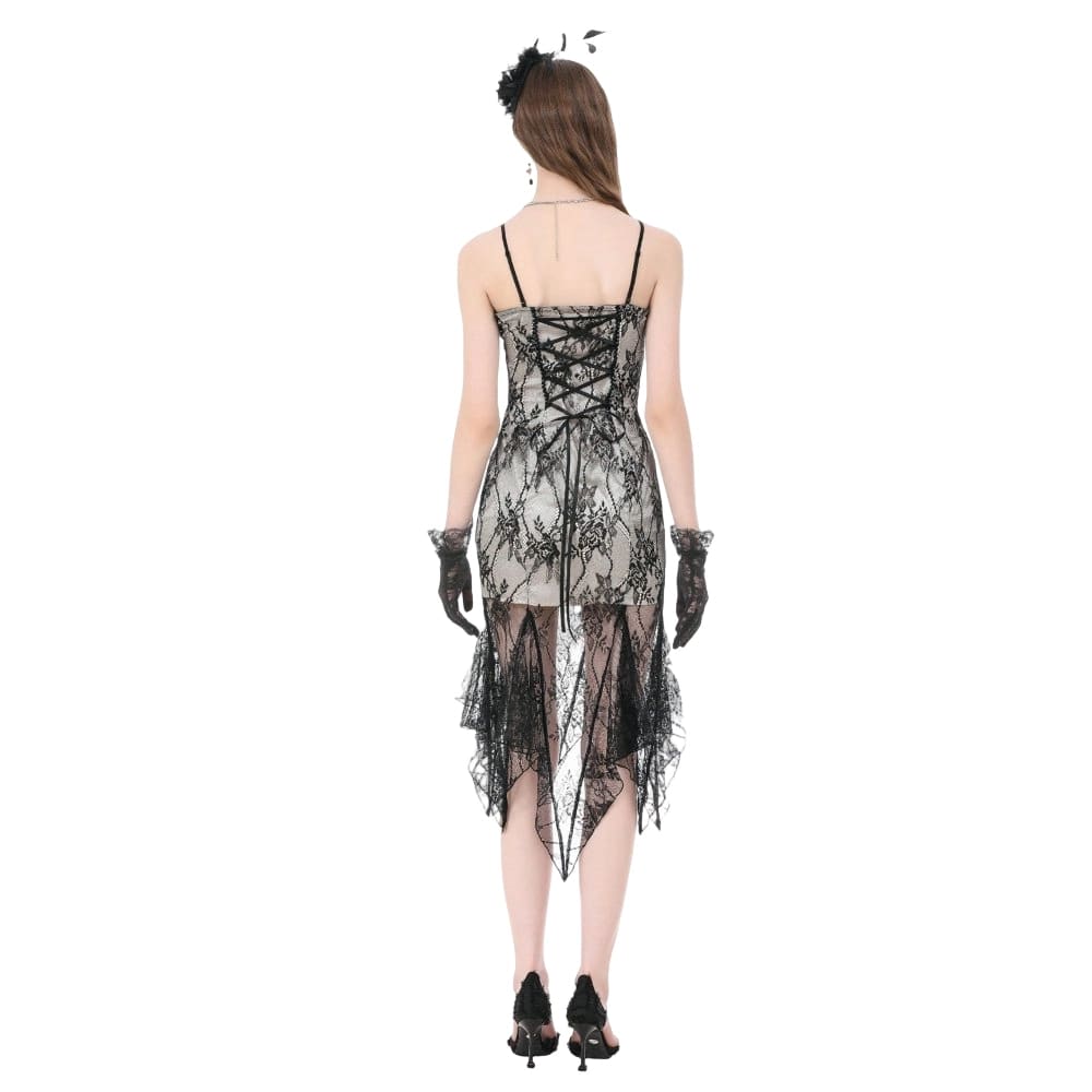 Darkinlove Women's Gothic Floral Embroidered Lace Irregular Hem Slip Dress
