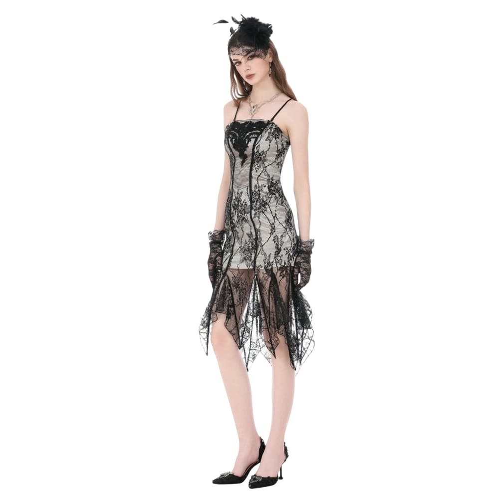 Darkinlove Women's Gothic Floral Embroidered Lace Irregular Hem Slip Dress